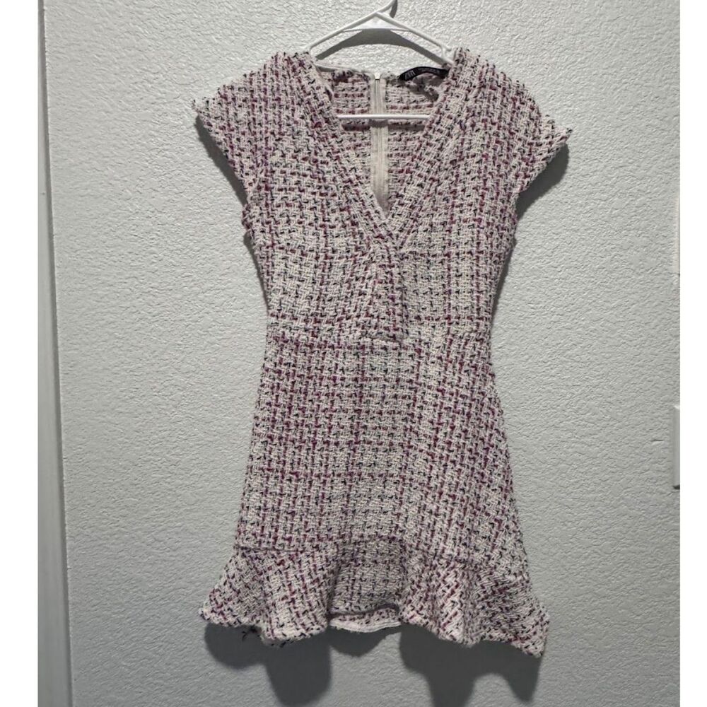 Zara Pink White Tweed V-Neck Flounce Hem Mini Dress Size S